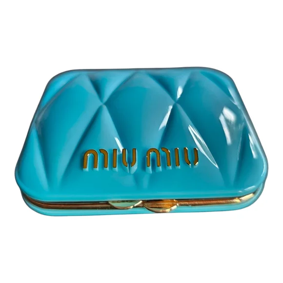 Miu Miu Beauty Turquoise/Tiffany Blue and Gold Quilted Travel Mirror NEW - Picture 2 of 3